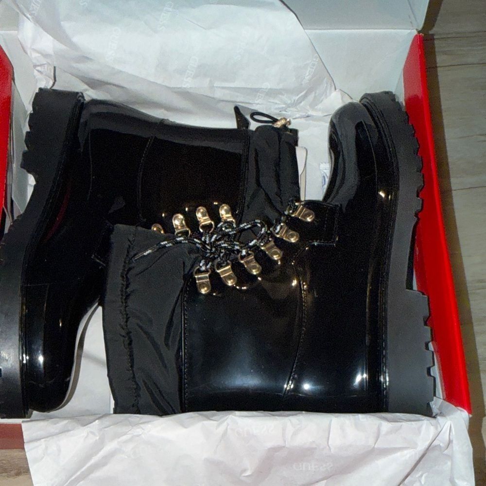 Guess Black Patent Lace-Up Lug Boots with Gold Hardware
